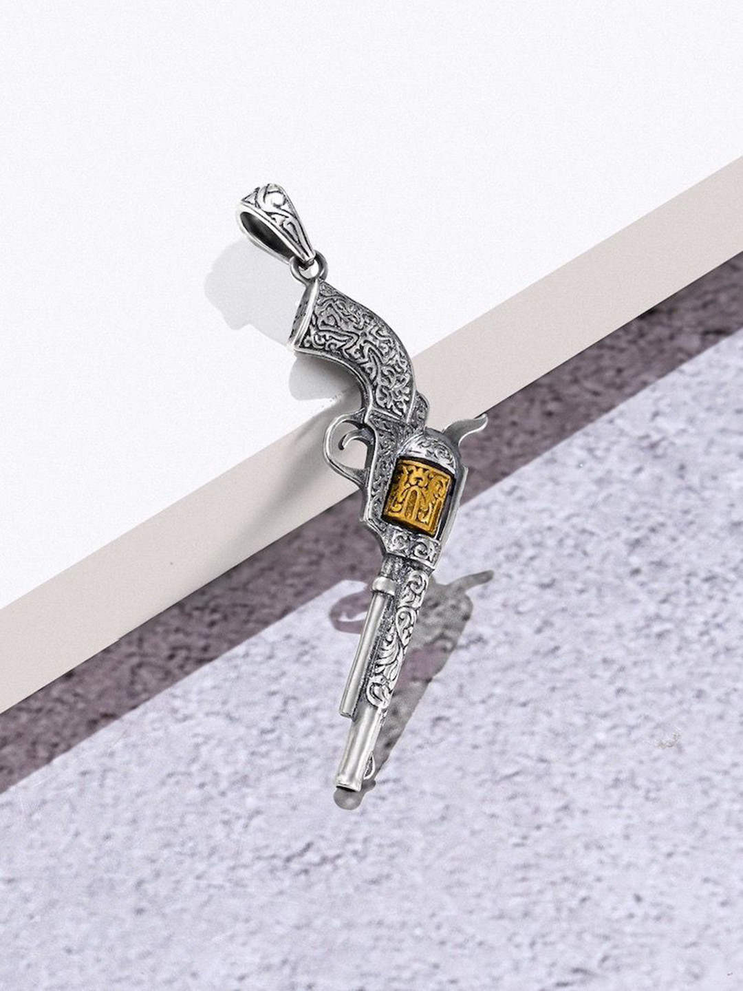 ORIONZ Men Sterling Silver Django Revolver Contemporary Oxidised Pendant