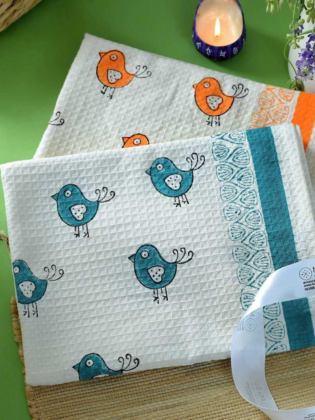 MASU LIVING White & Blue 2 Pieces Bird Printed Cotton 380 GSM Bath Towels