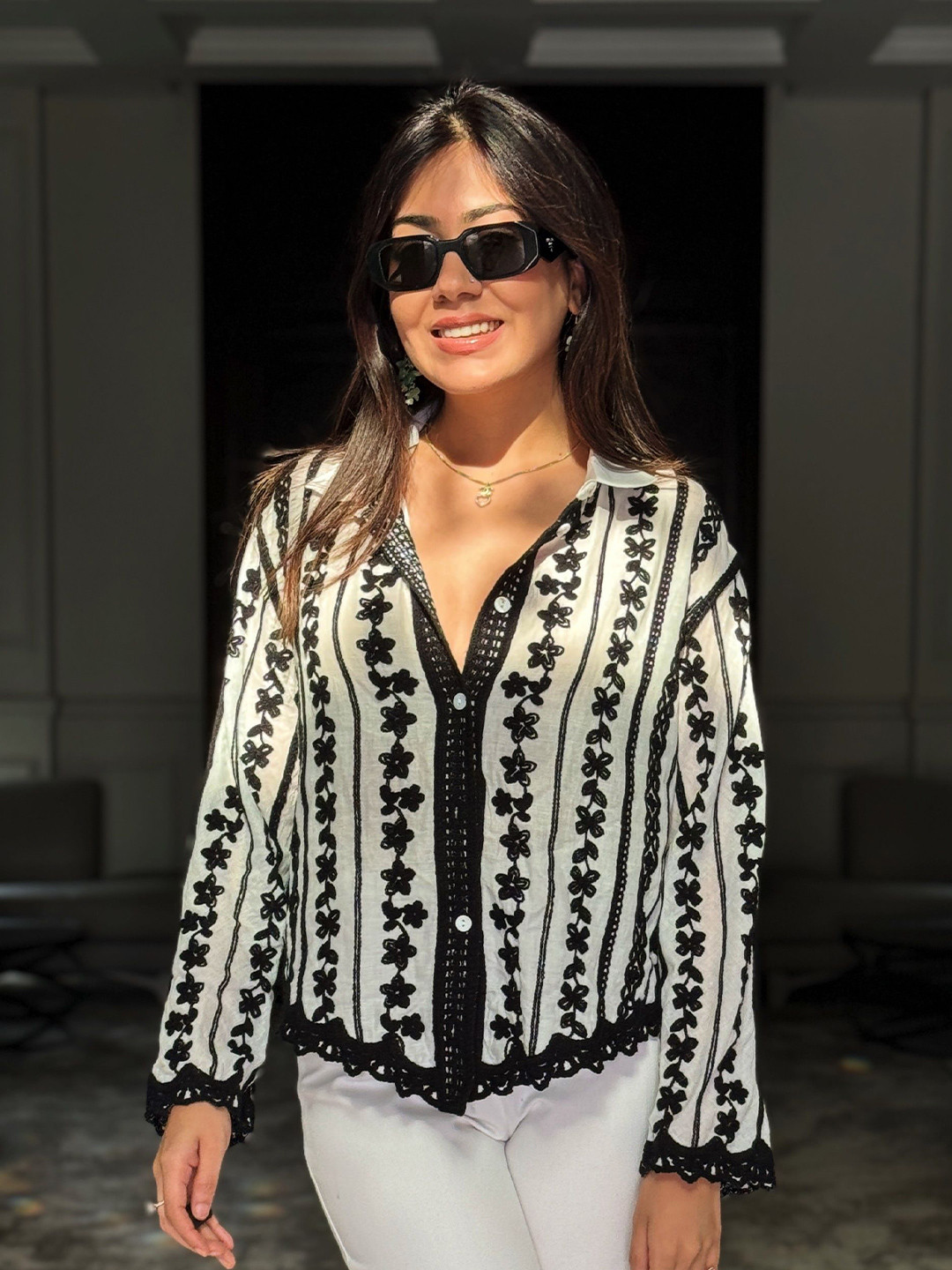 Miss Mosa By Akanksha  Floral Printed Shirt Collar Cotton Top