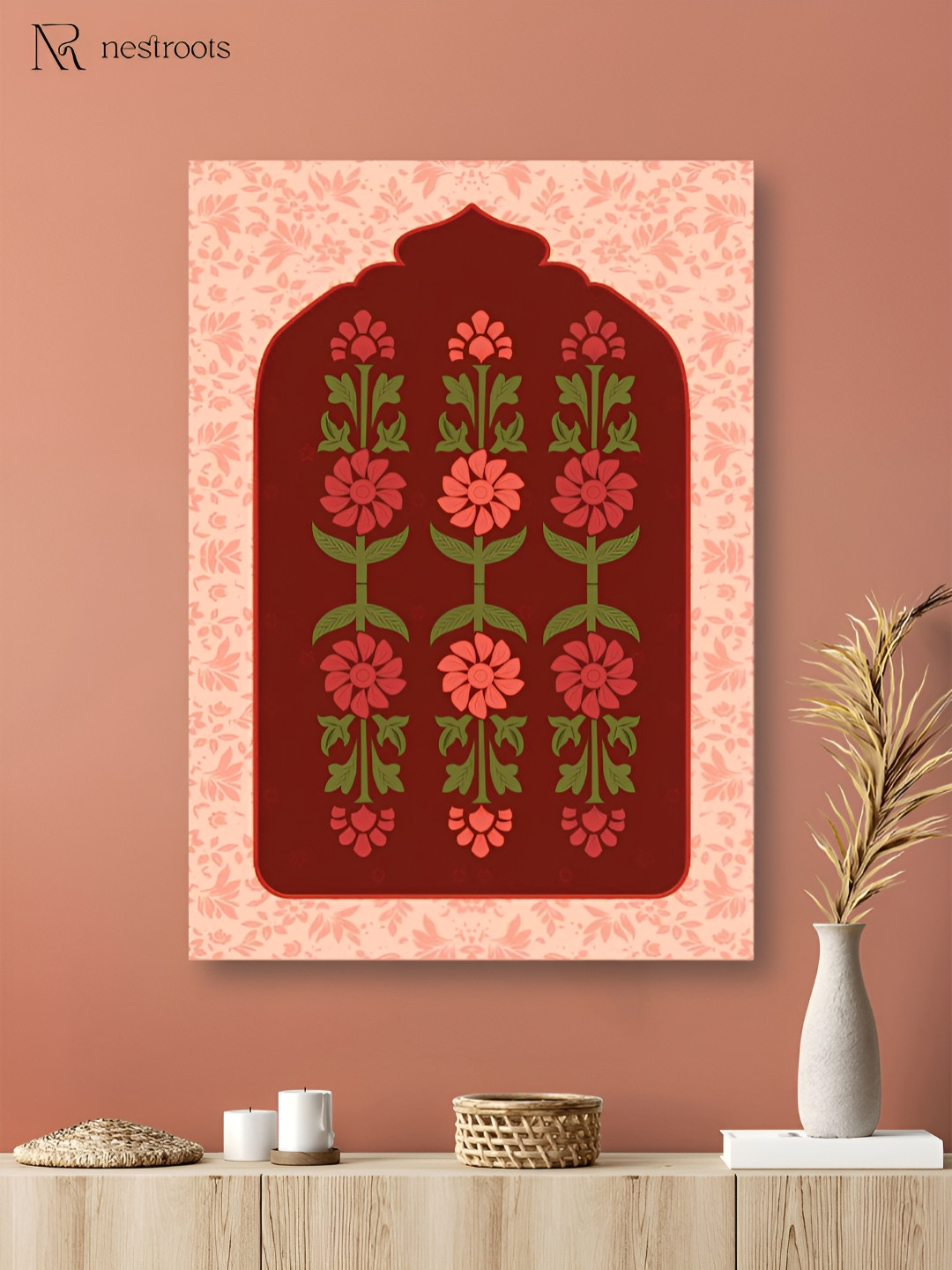 nestroots Red & Green Menagerie of Blooms Floral Wooden Painting Wall Art