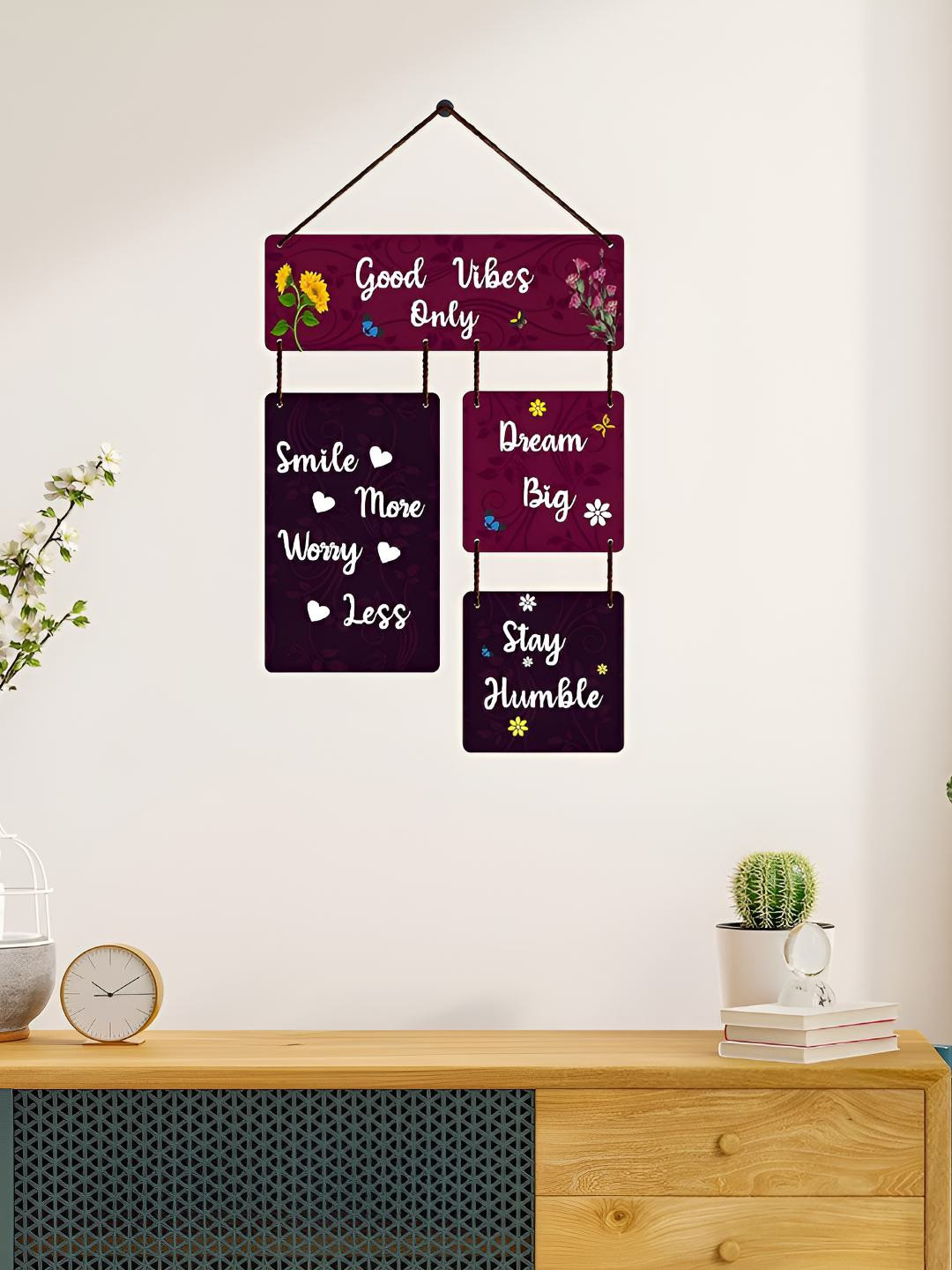 Home Delight Good vibes Wood Floral Matte Hanging Hall Wall Hangings-24.8In