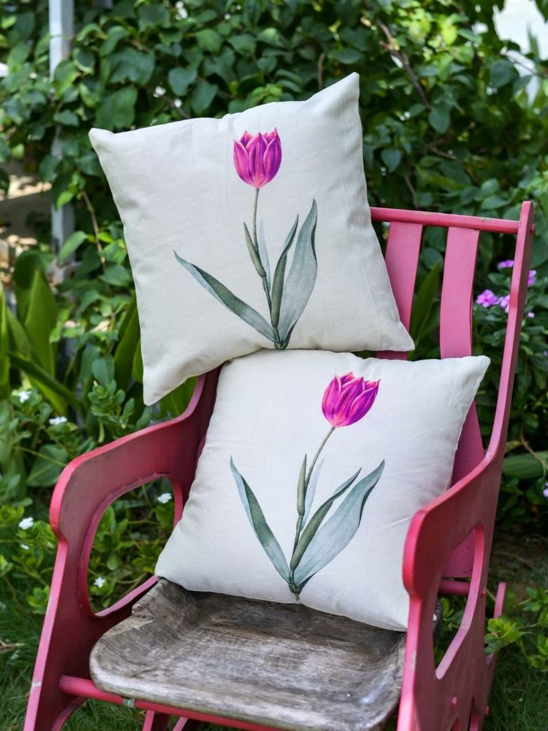 ABSTRACT INDIA Printed Tulip Floral Polyester Silk 2 Pcs Cushion Covers -18x18In