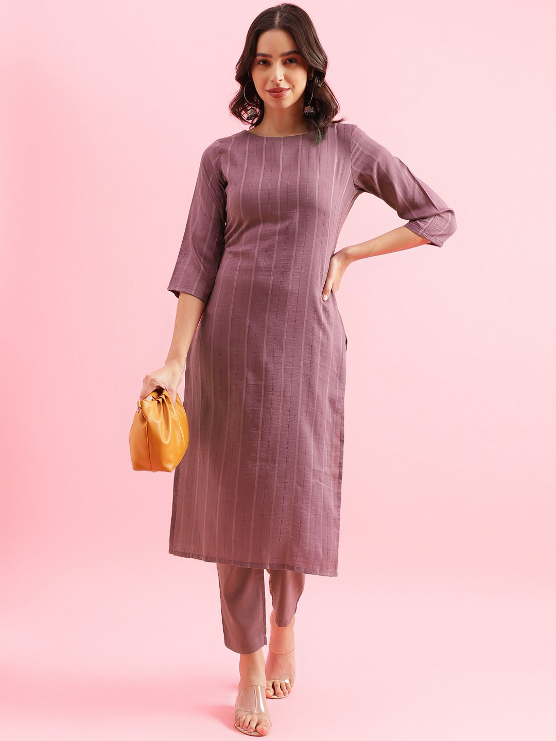 Saanjh Violet Striped Straight Kurta with Trousers