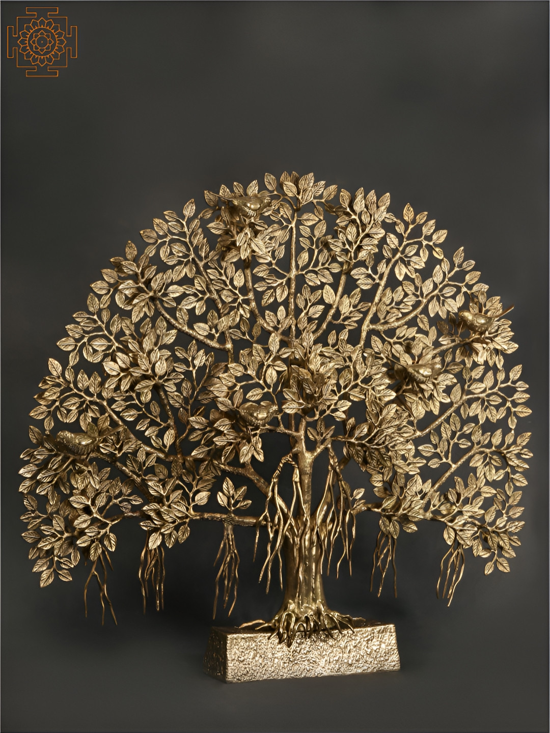 Exotic India Tree Of Life with Perched Birds Gold Brass Metallic Living Room Large Showpiece - 30 Inches
