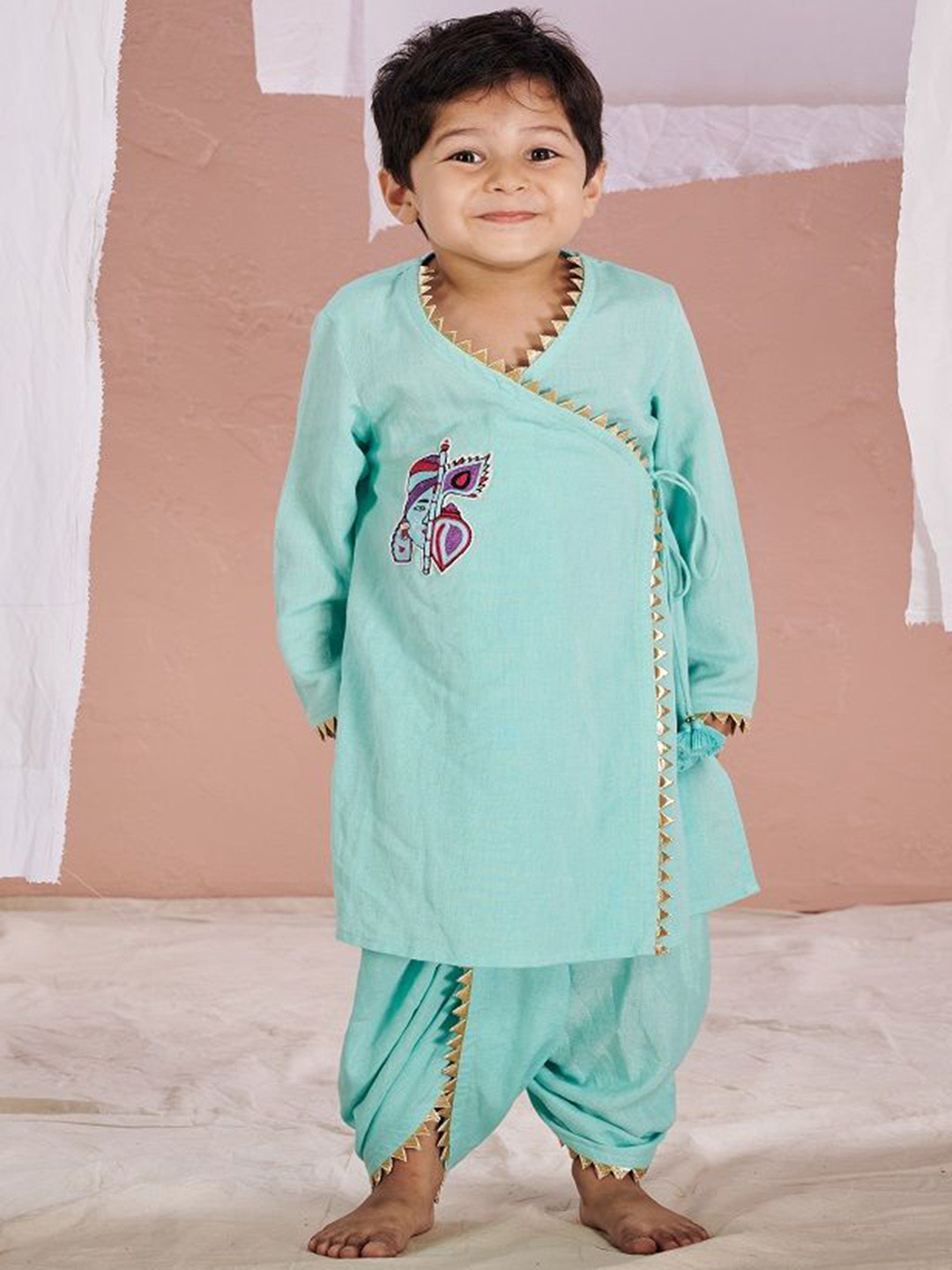Vivedkids Infants Boys Ethnic Embroidered Angrakha Gotta Patti Linen Kurta & Dhoti Pants