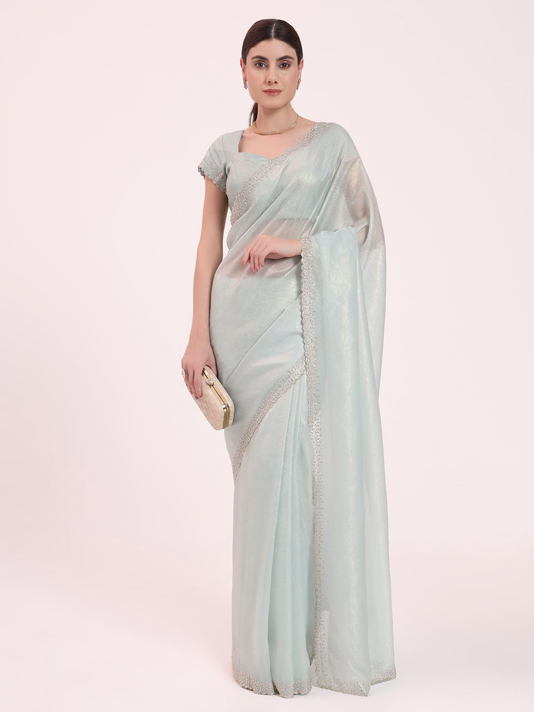 FIORRA Organza Crushed Zerkhan Handwork Embellished Border Saree With Unstitched Blouse