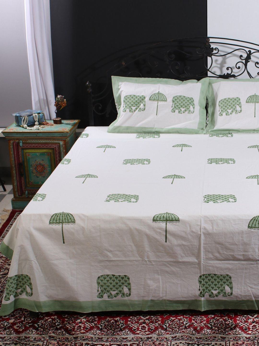Exotic India Elephant-Parasol Off White Ethnic Motifs Cotton 144 TC Queen Bedsheet with 2 Pillow Covers-108 x 90 inches