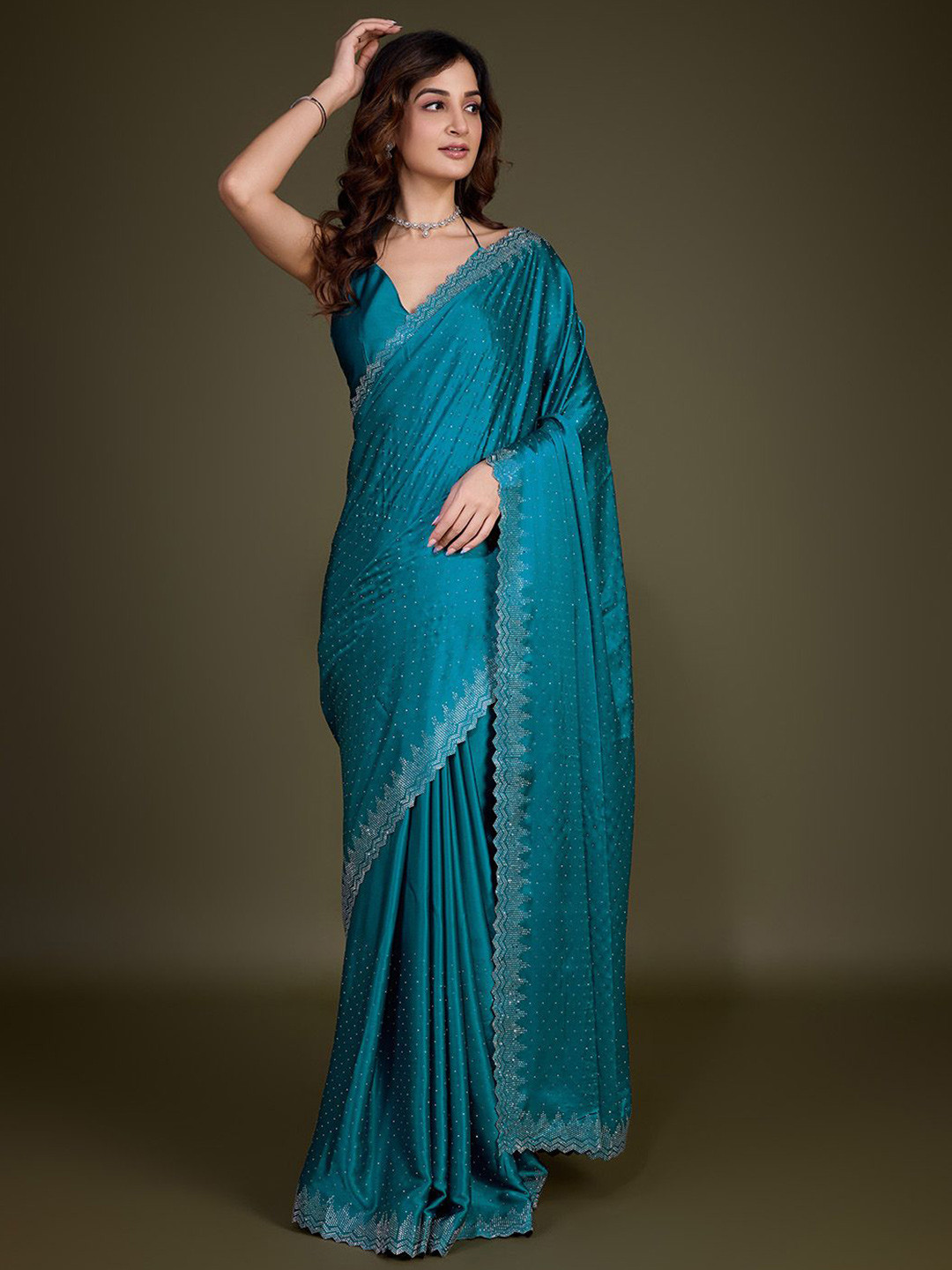 Trendmalls Beads and Stones Satin Saree