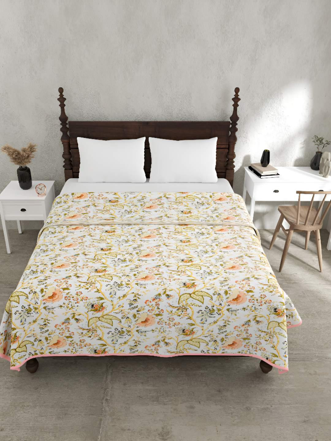BED-SHEET.COM Yellow & White Cotton 150 GSM Double Bed Dohar & 2 Pillow Covers