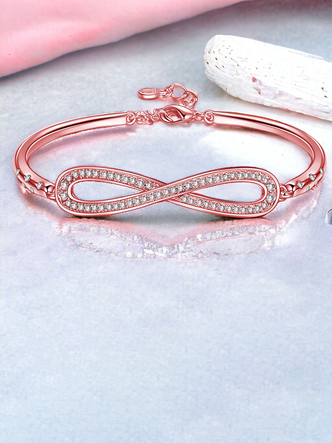 Okos Rose Gold-Plated Crystals Studded Infinity Love Bangle Style Bracelet