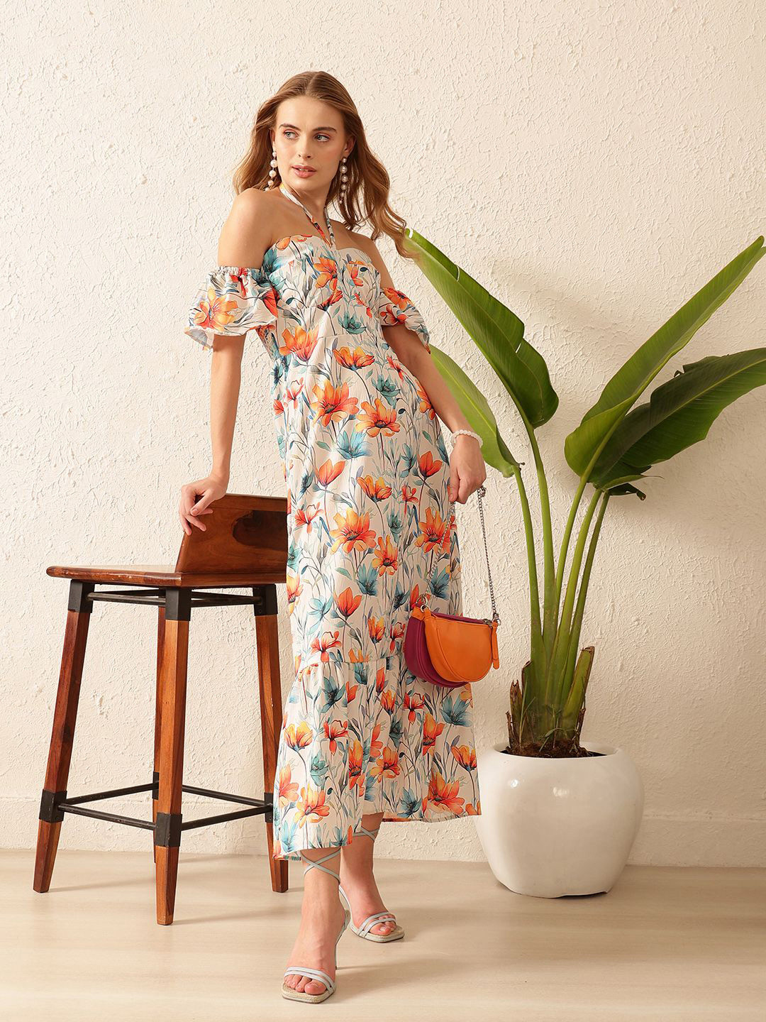 STREET 9 Floral Print Off-Shoulder Bell Sleeve Crepe Maxi Dress