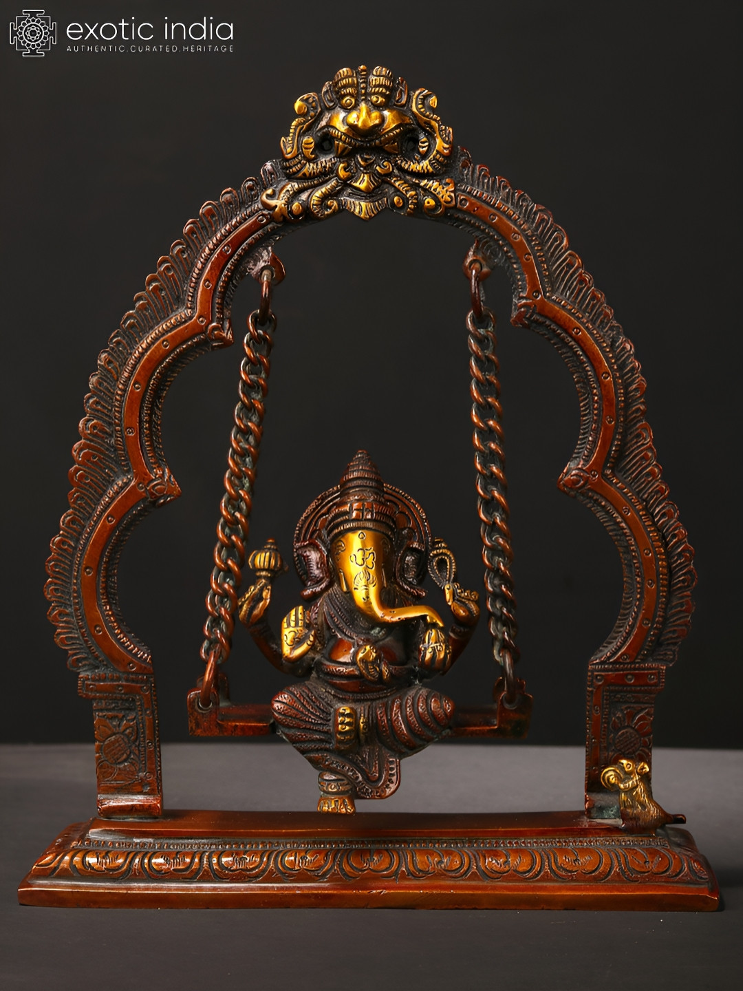 Exotic India Lord Ganesha on A Swing with Kirtimukha Brown Brass Metallic Prayer Room Hand Made Small Showpiece - 9 Inches