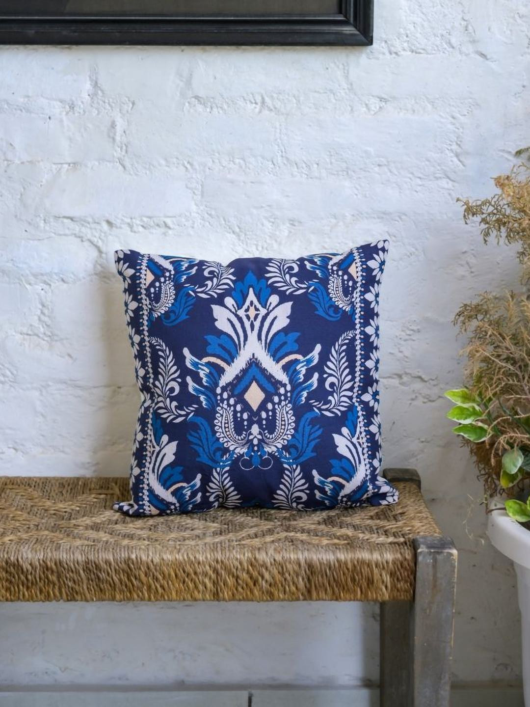 ABSTRACT INDIA Blue & White Printed Cotton Square Cushion Cover