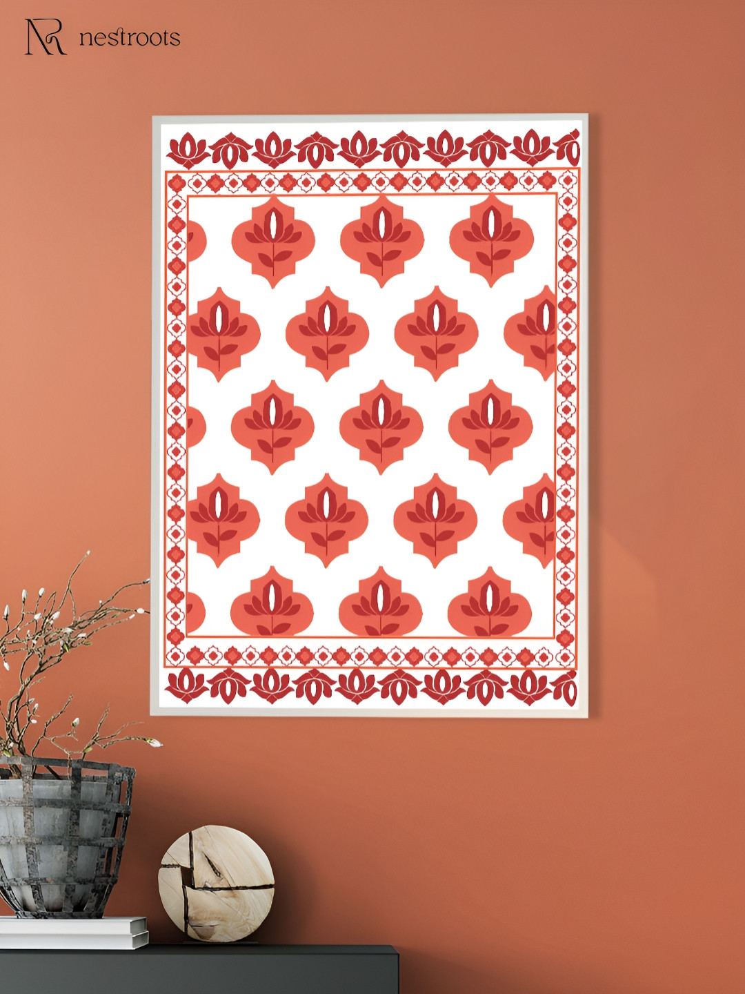 nestroots White & Pink Mughal Bazaar Floral Wooden Painting Wall Art