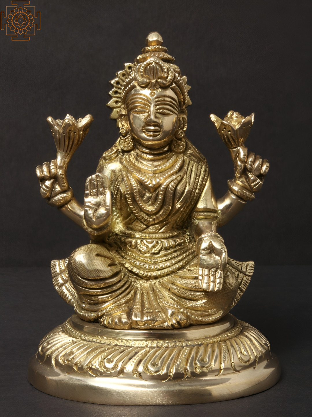 Exotic India Four-Handed Goddess Lakshmi Gold Brass Metallic Prayer Room Small Showpiece - 5 Inches