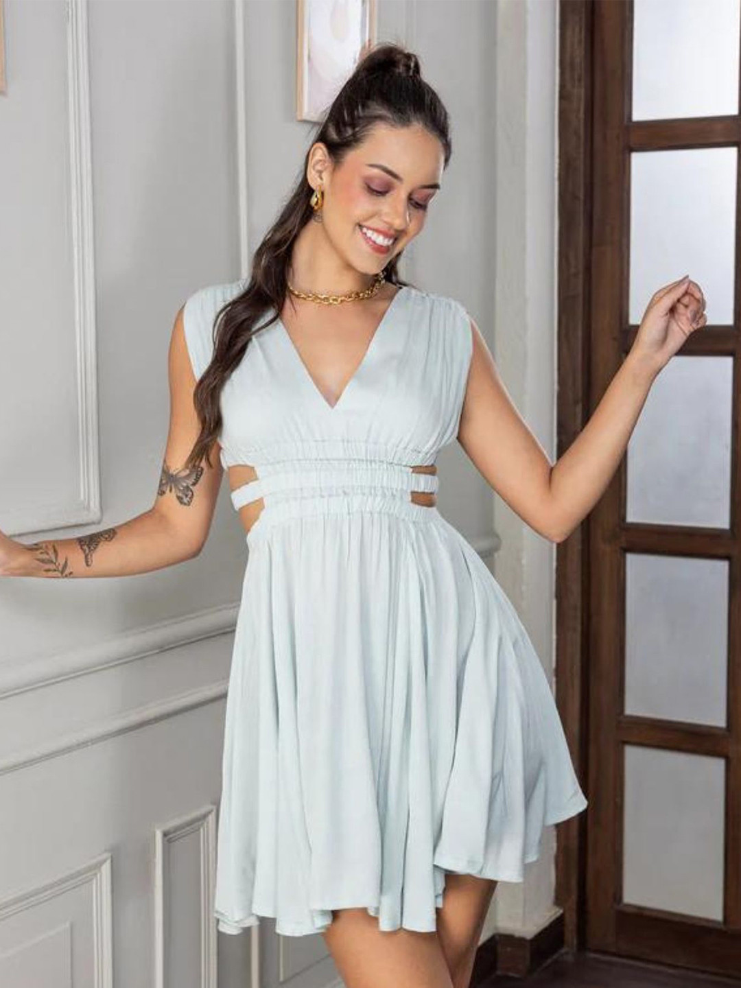 DESIGNS BY QUEEN BEE Cotton V-Neck Sleeveless Mini Fit & Flare Dress