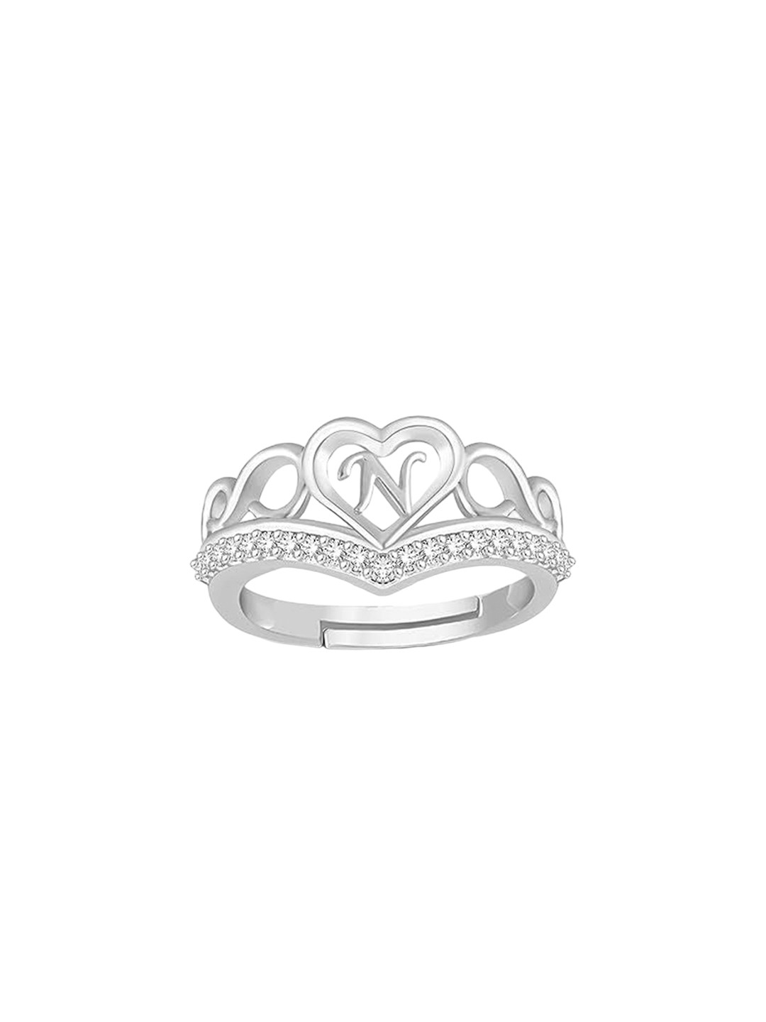 Lila Silver-Plated Cubic Zirconia-Studded Heart Alphabet N Adjustable Finger Ring