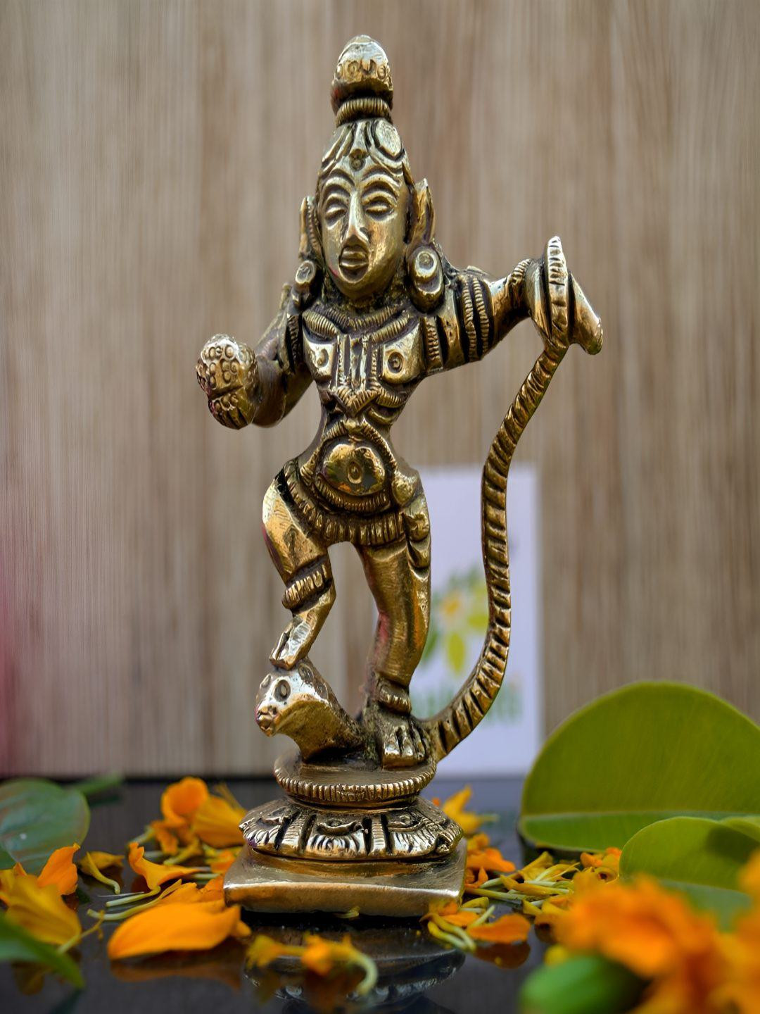 Aakrati Krishna Dancing On Snake Gold Brass Metallic Living Room Small Showpiece - 3.6 Inches