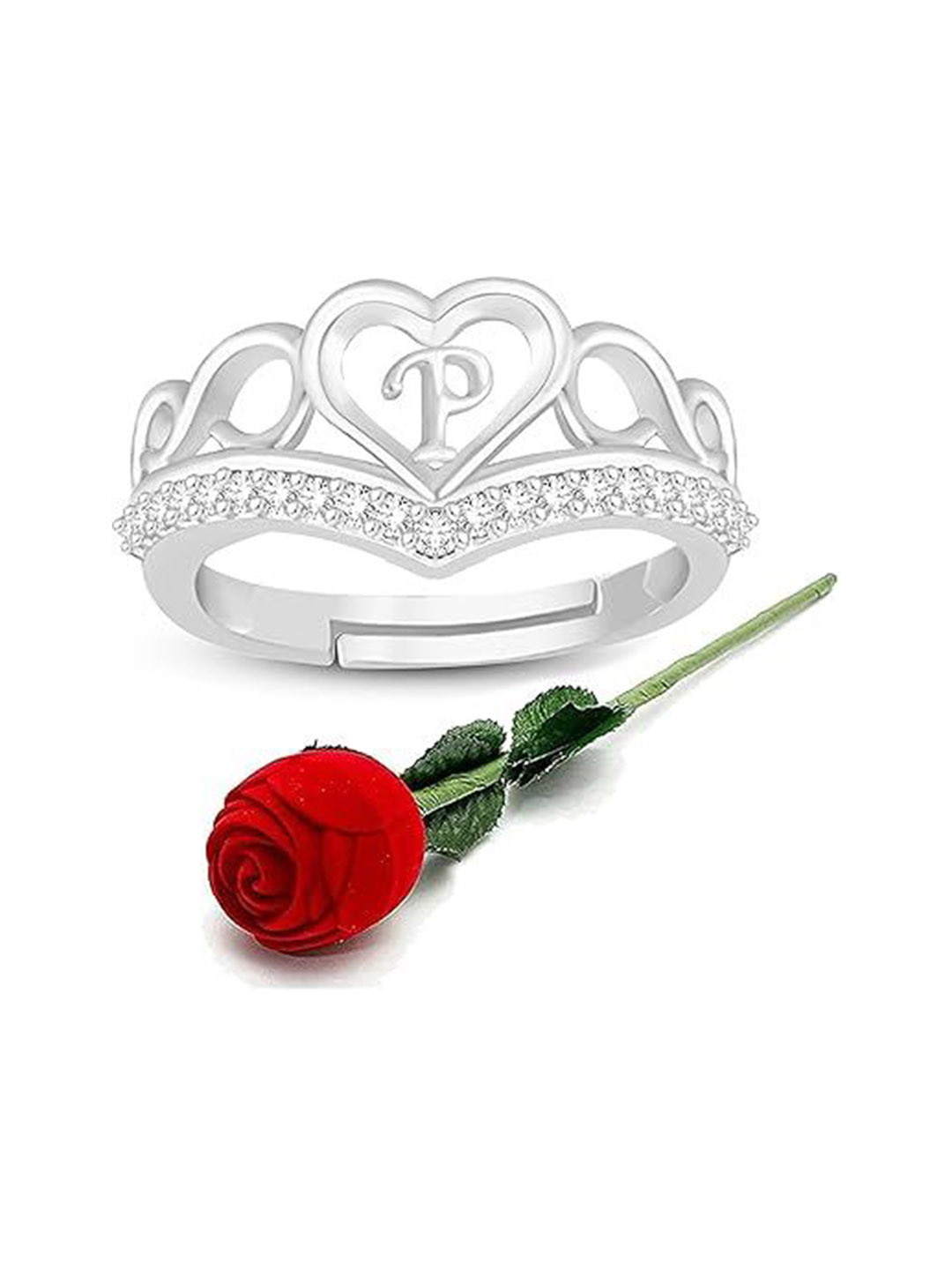 Lila Silver-Plated Cubic Zirconia-Studded Heart Alphabet P Adjustable Finger Ring