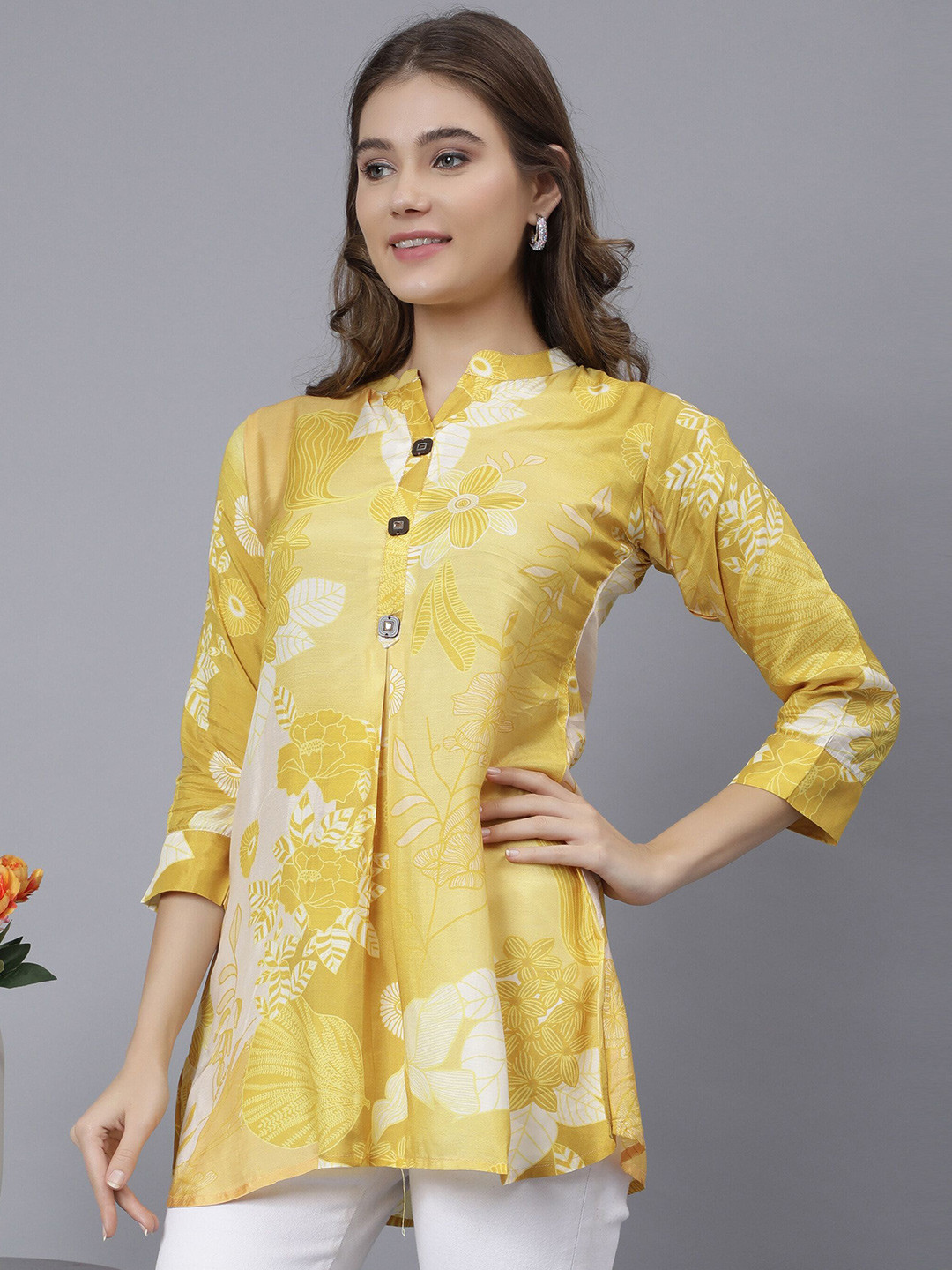 STUNICS Floral Printed Mandarin Collar Cotton Tunic