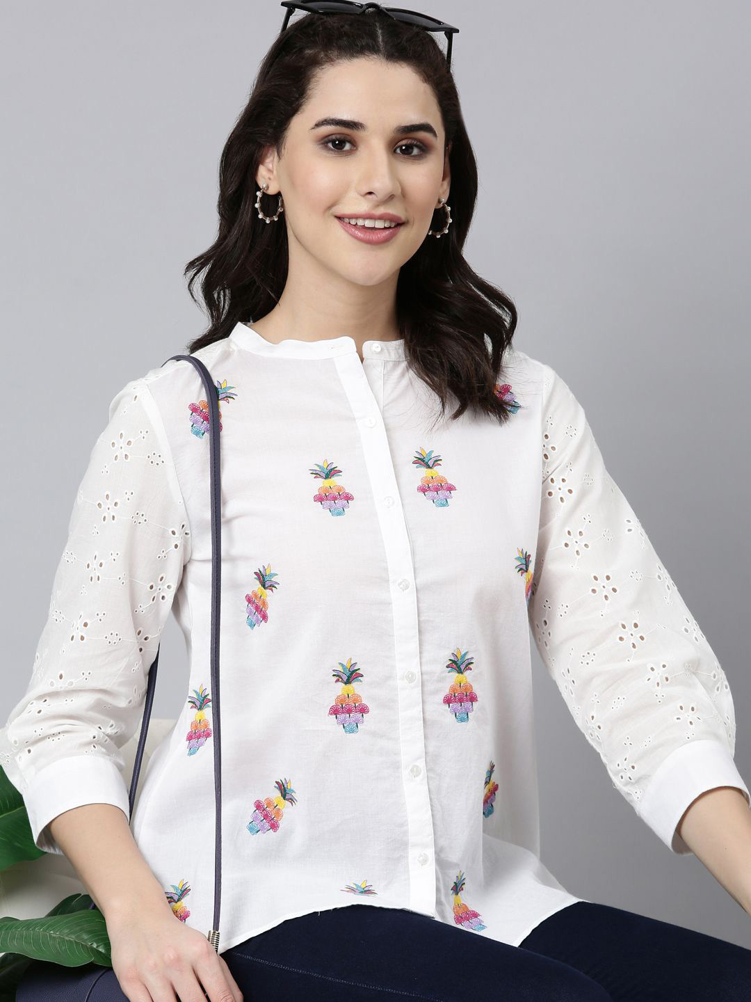 Zolo Label Women Conversational Printed Mandarin Collar Cotton Shirt Style Top