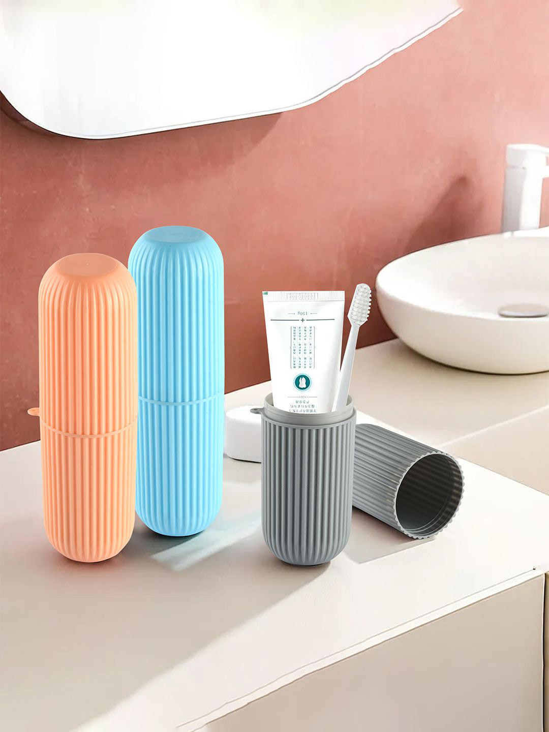 Kuber Industries Blue & Orange 3 Pieces Textured Matte Classic Toothbrush Holder