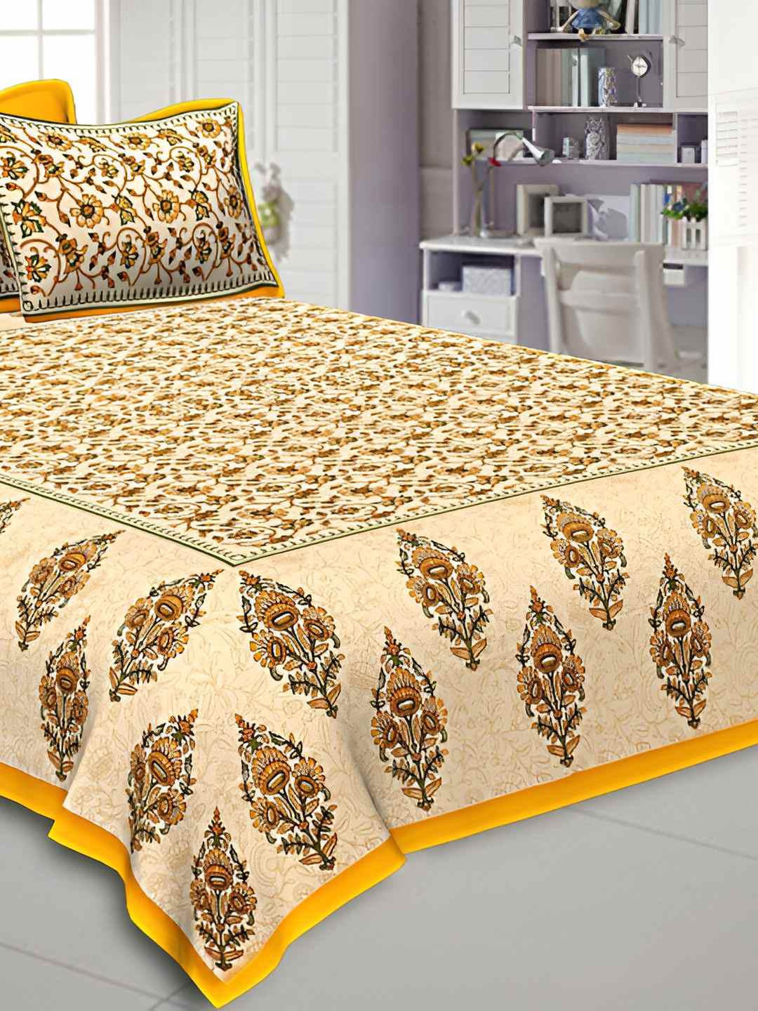 BED-SHEET.COM Yellow Ethnic Motifs Cotton 144 TC King Bedsheet with 2 Pillow Covers-107 x 100 inches