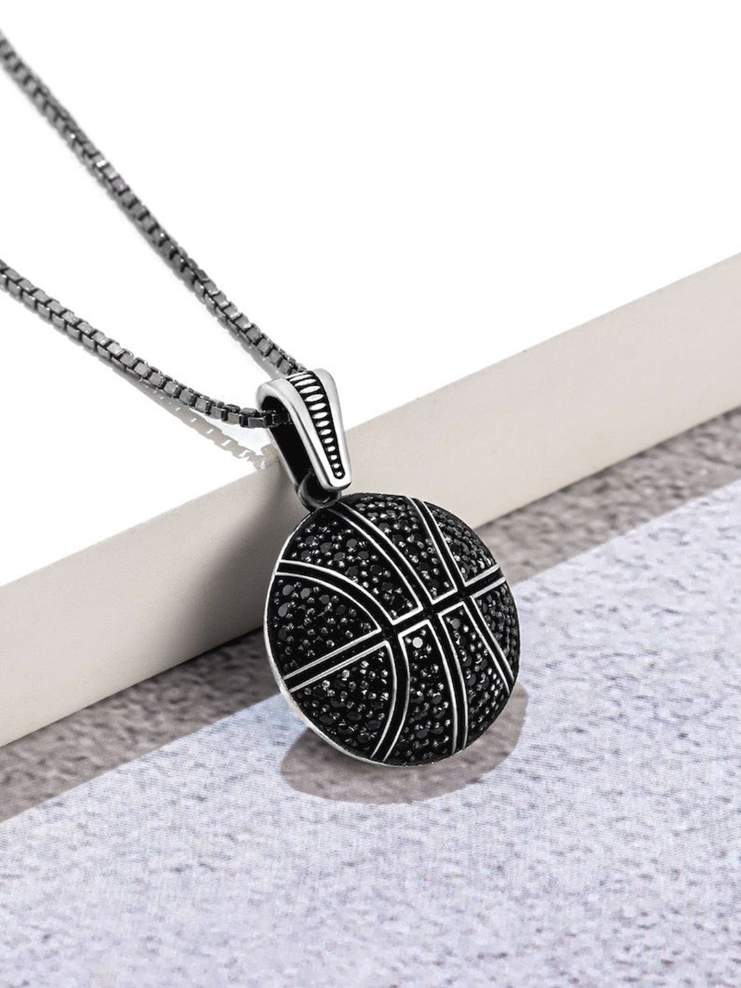 ORIONZ Stone Studded Basketball Oxidised Silver Pendant