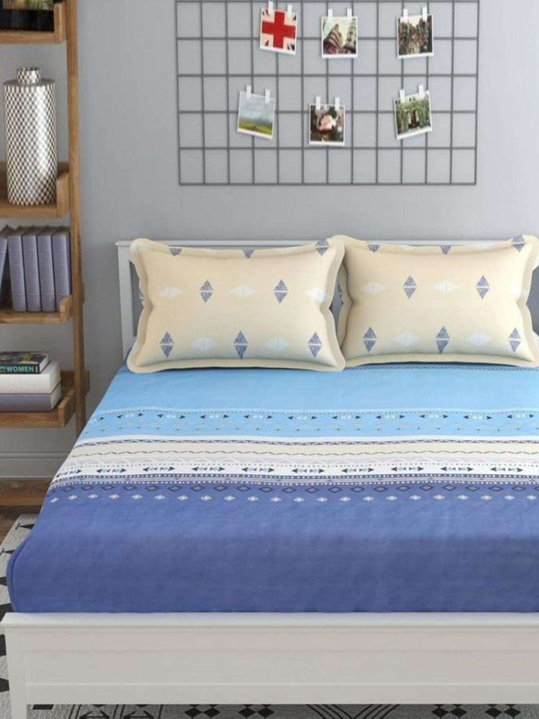 UrbanArts Premium Collection Blue Geometric Cotton 380 TC King Superfine Bedsheet with 2 Pillow Covers-105 x 105 inches