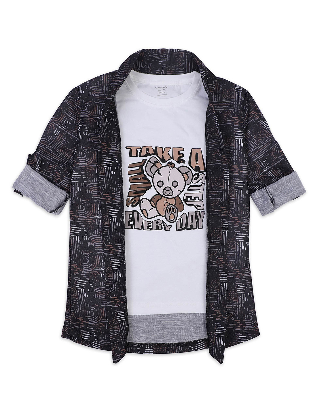 CAVIO Boys Geometric Printed Shawl Collar Jacket With T-shirt