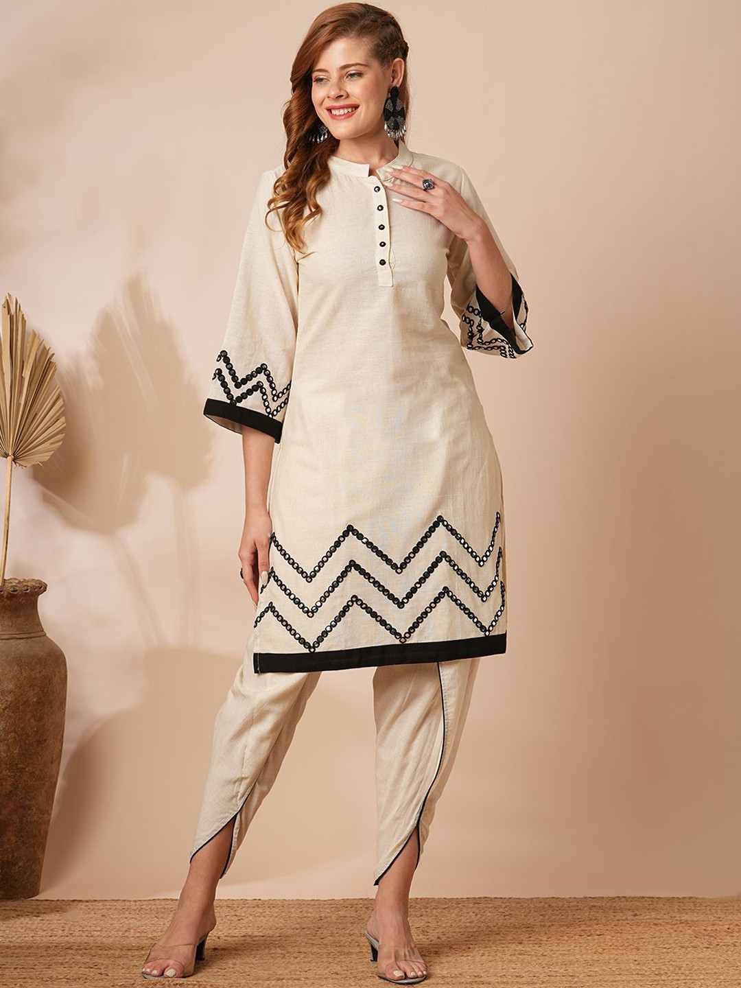 FASHOR  Mirror Embroidered Mandarin Collar Tunic With Dhoti Pant
