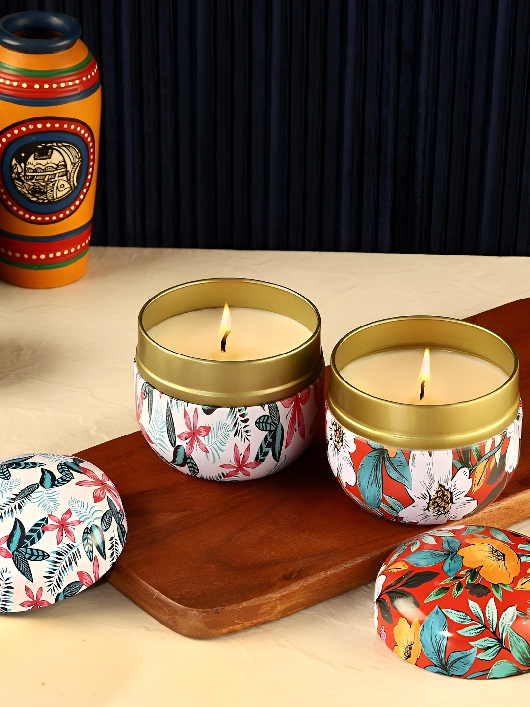 Parkash Candles Floral Tin Soy Wax 2Pcs 1 Wick Scented Geometric Regular Tea Light Candles