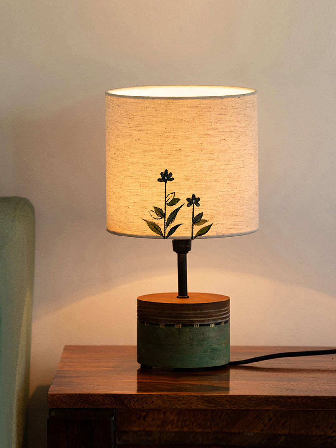 ExclusiveLane Warm Yellow Wood Cylinder Printed High Quality Electrical Table Lamps