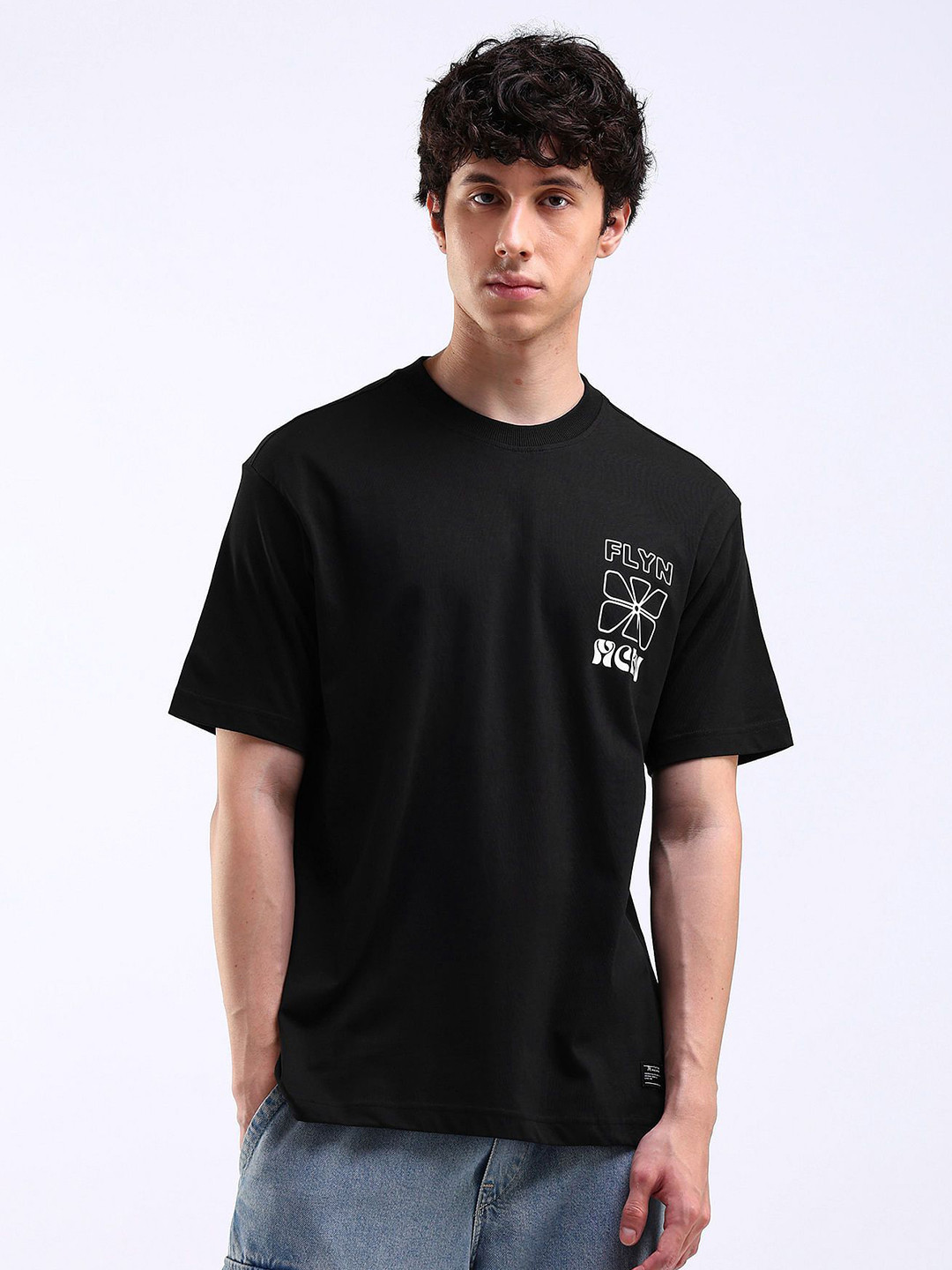 Flying Machine Men Printed Monochrome Raw Edge Relaxed Fit T-shirt