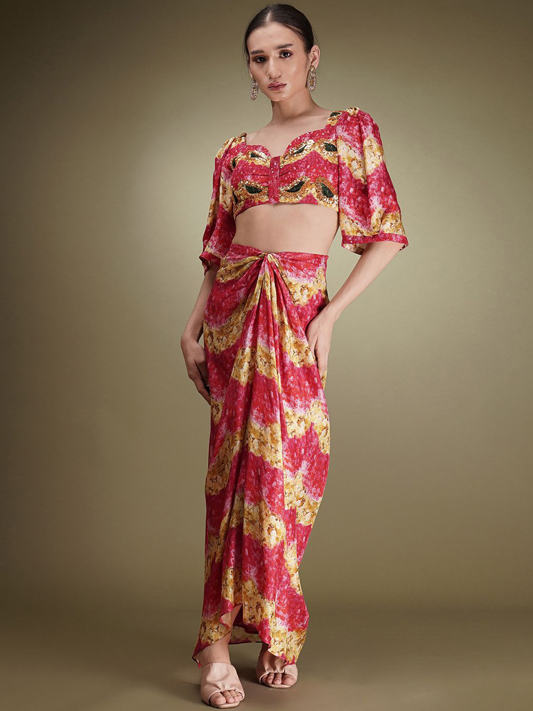 Breathe by Aakanksha Singh Embellished Sweetheart Neck Crop Top & Drape Skirt