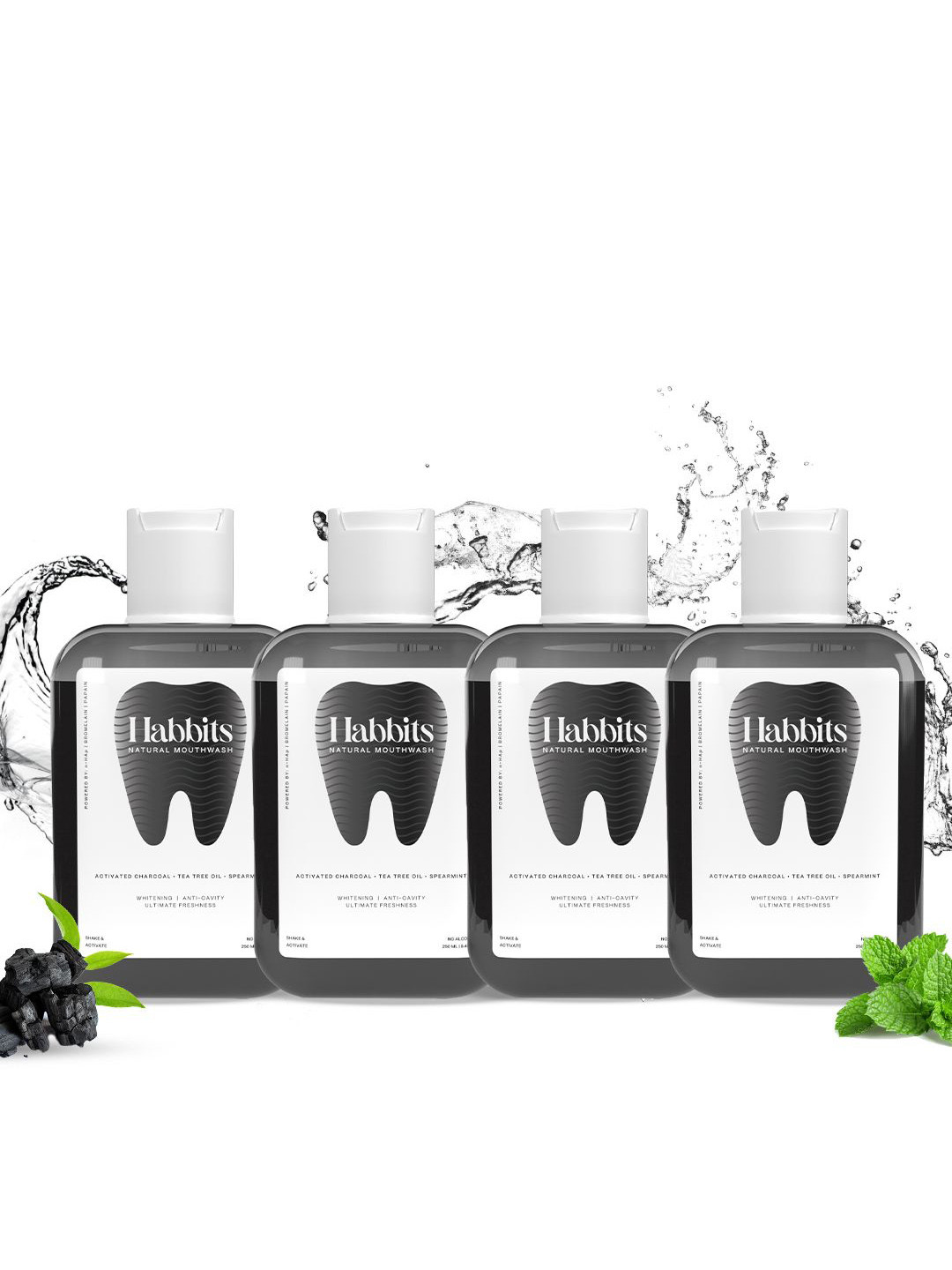 HABBITS Set Of 4 Teeth Whitening Natural Mouthwash With Charcoal & Tea Tree Oil-250ml Each