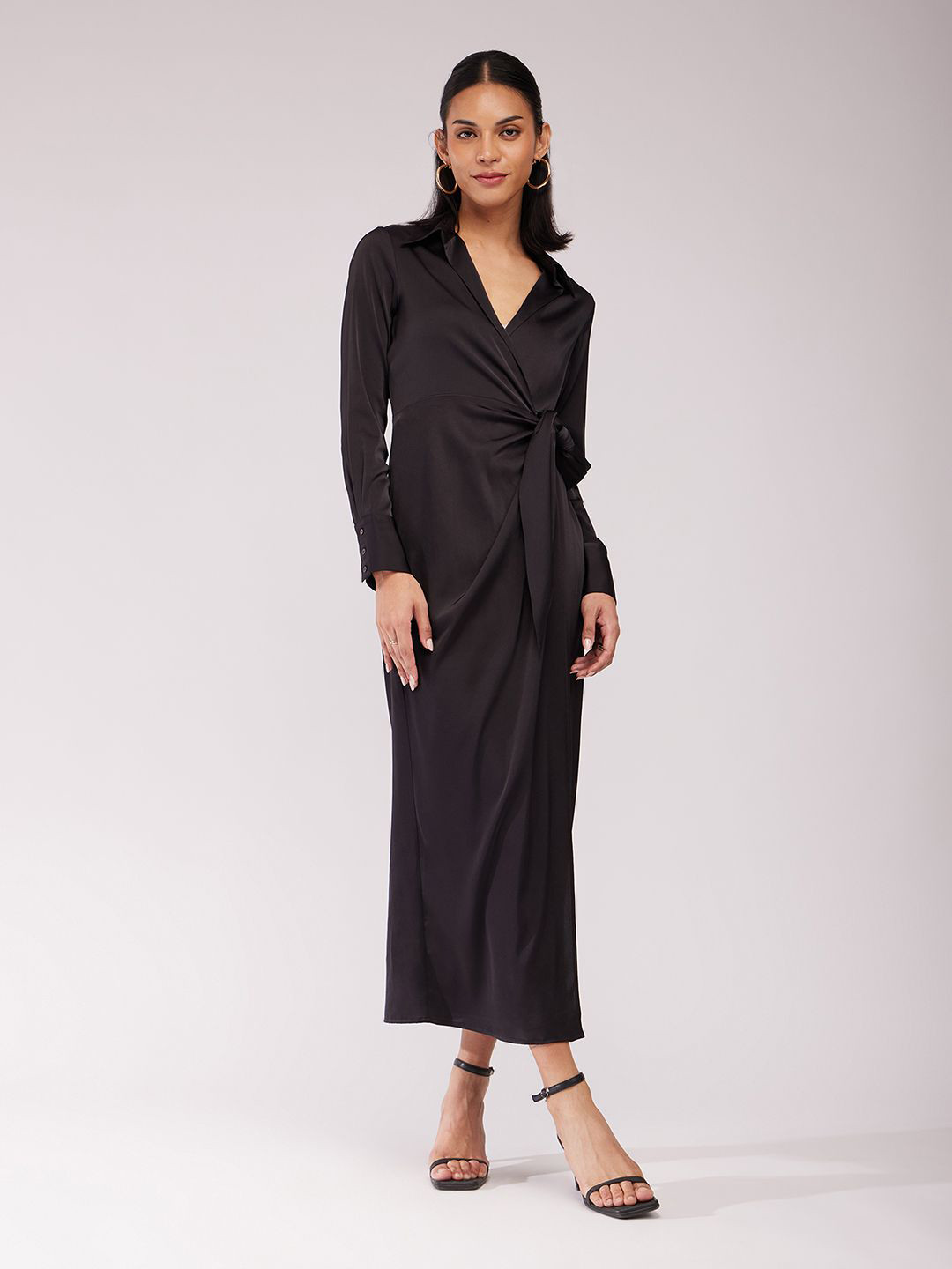 FableStreet Women Shirt Collar Satin Wrap Dress