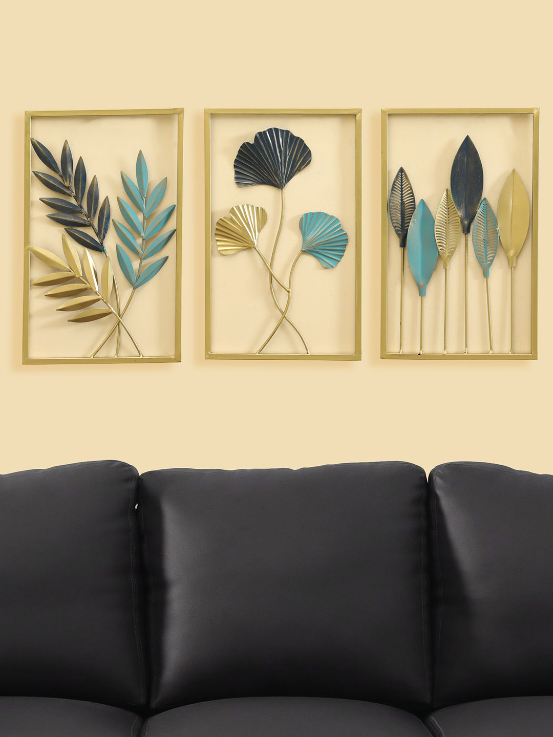 vedas Shack Leafs Gold Metal Metallic Living Room Set of 3 Medium Showpieces - 15.7 Inches