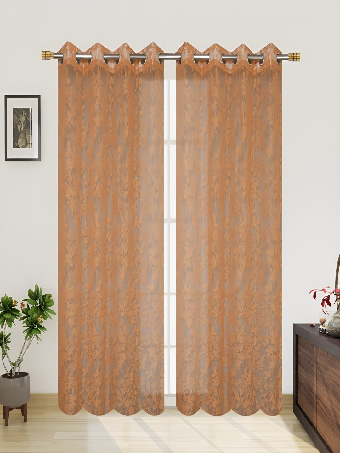 B' Decorlish Brown Floral Sheer Long Door Curtains