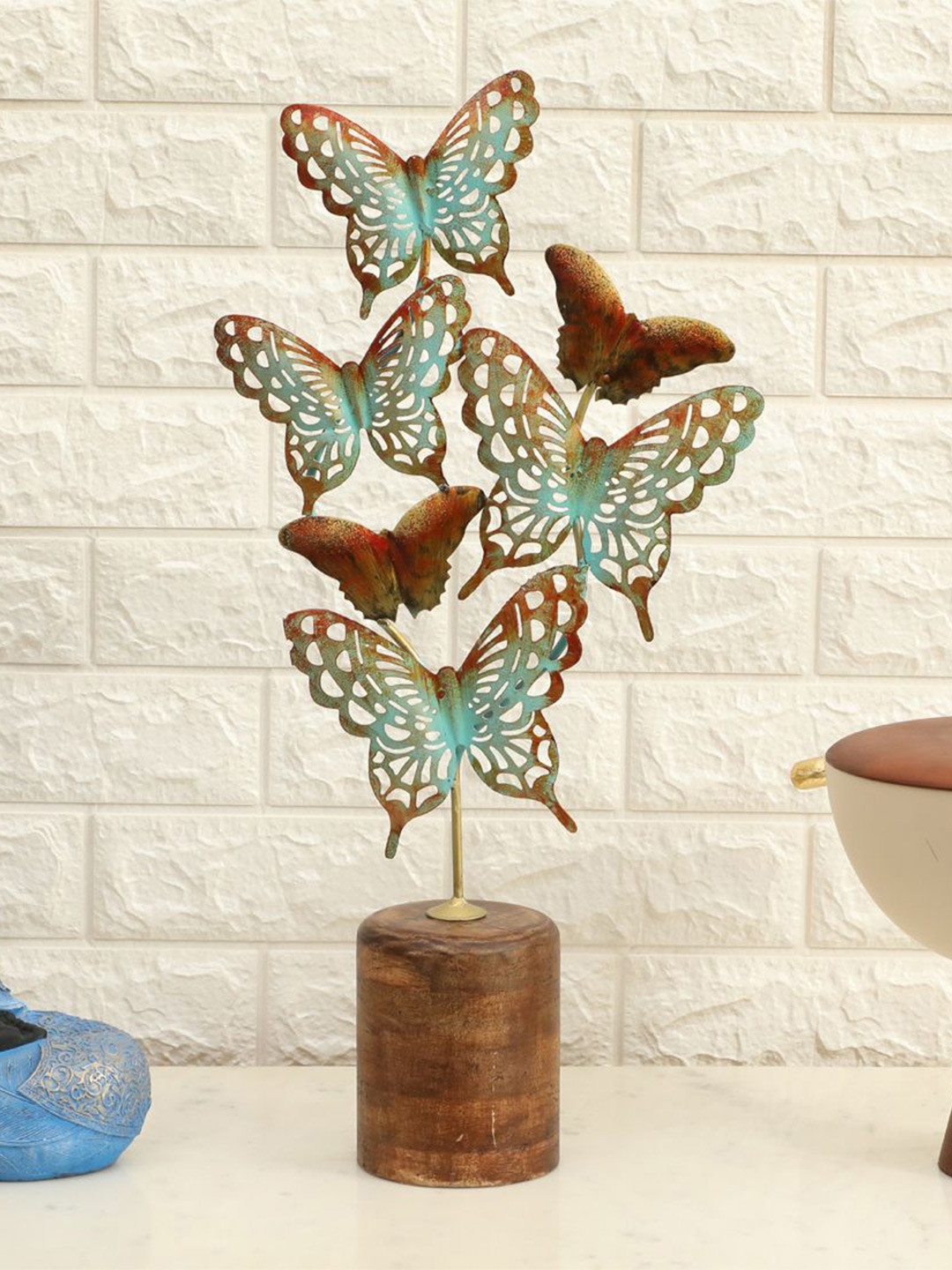 vedas F-Derek Buterfly Blue Metal Metallic Living Room Large Showpiece - 22 Inches