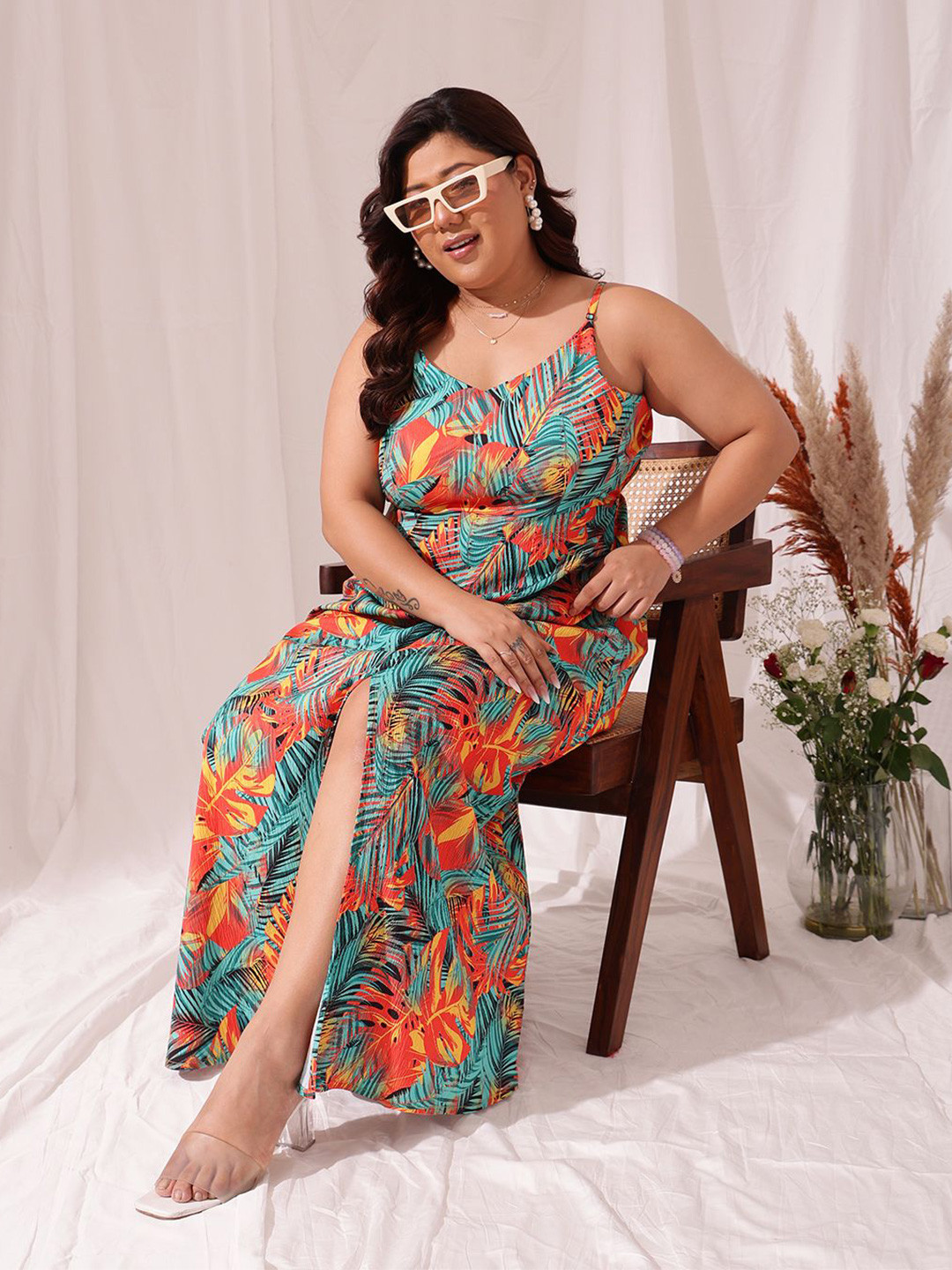 CURVY STREET Plus Size Tropical Printed Slit Maxi Dress