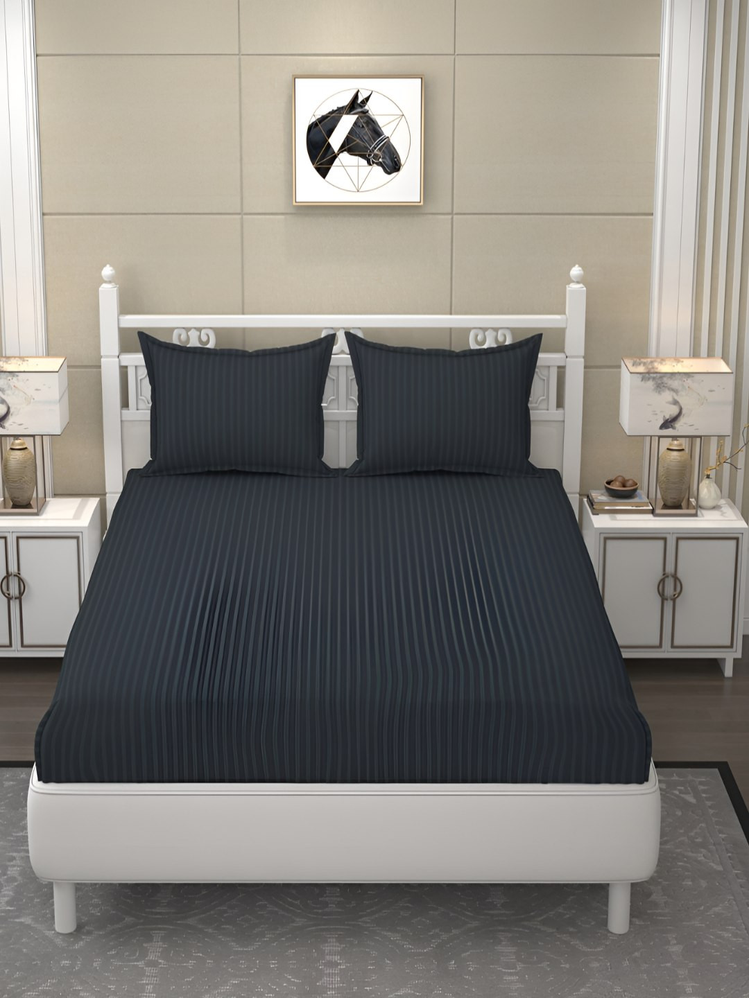 B' Decorlish Charcoal Striped 210 TC Satin King Bedsheet With 2 Pillow Covers