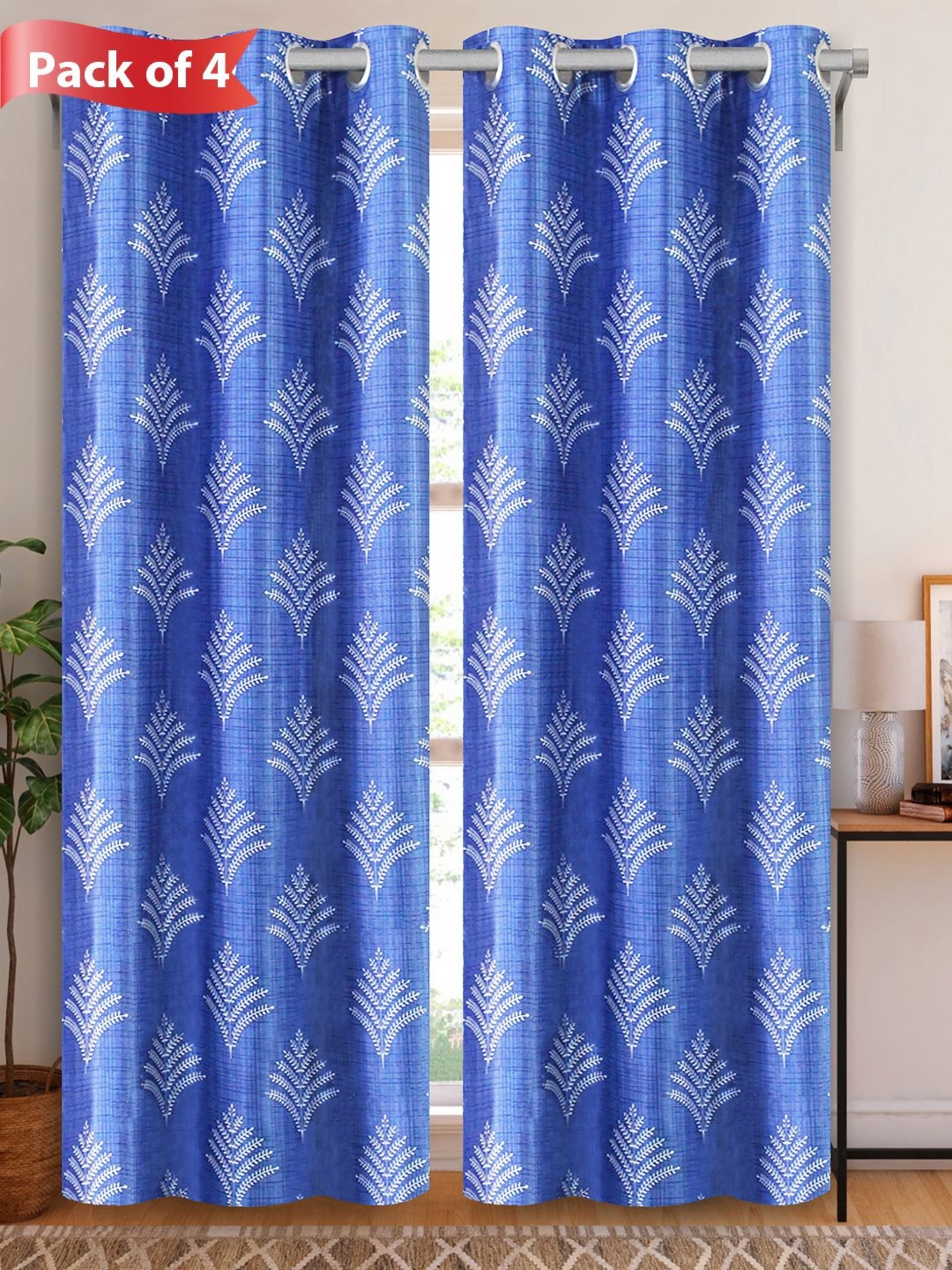 Aura Navy Blue & White Set of 4 Floral Door Curtains