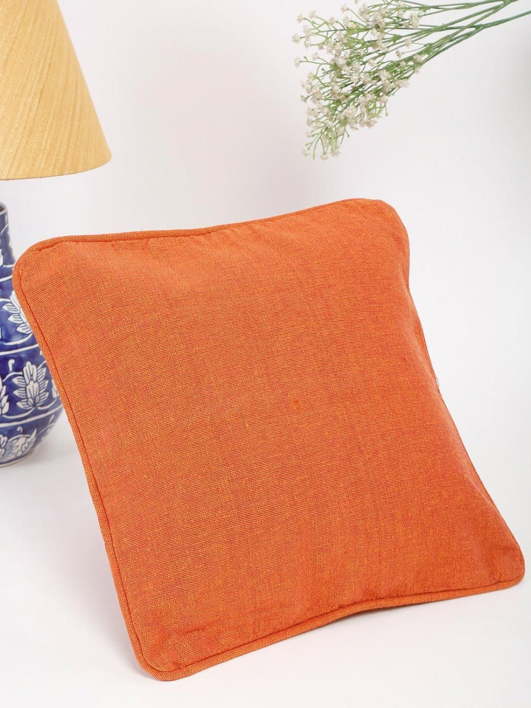 Fabindia Orange Polyester Silk Lightweight Textured Square Cushion Cover -16x16In