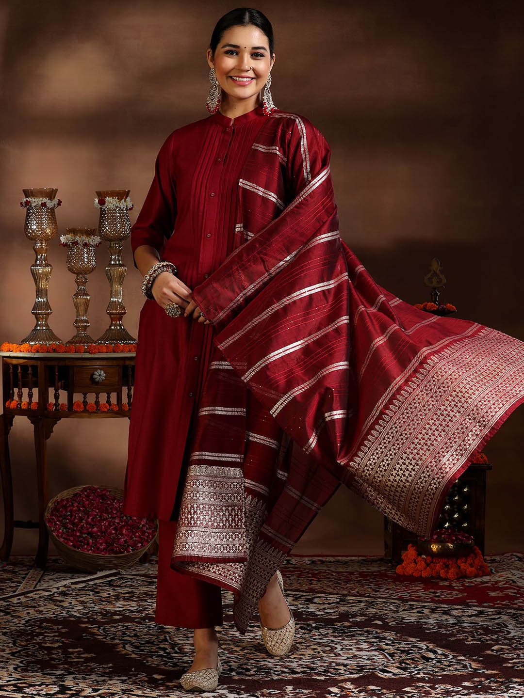 Libas Pleated Kurta With Trousers & Dupatta - Kurta Sets for Women 30508117 | Myntra