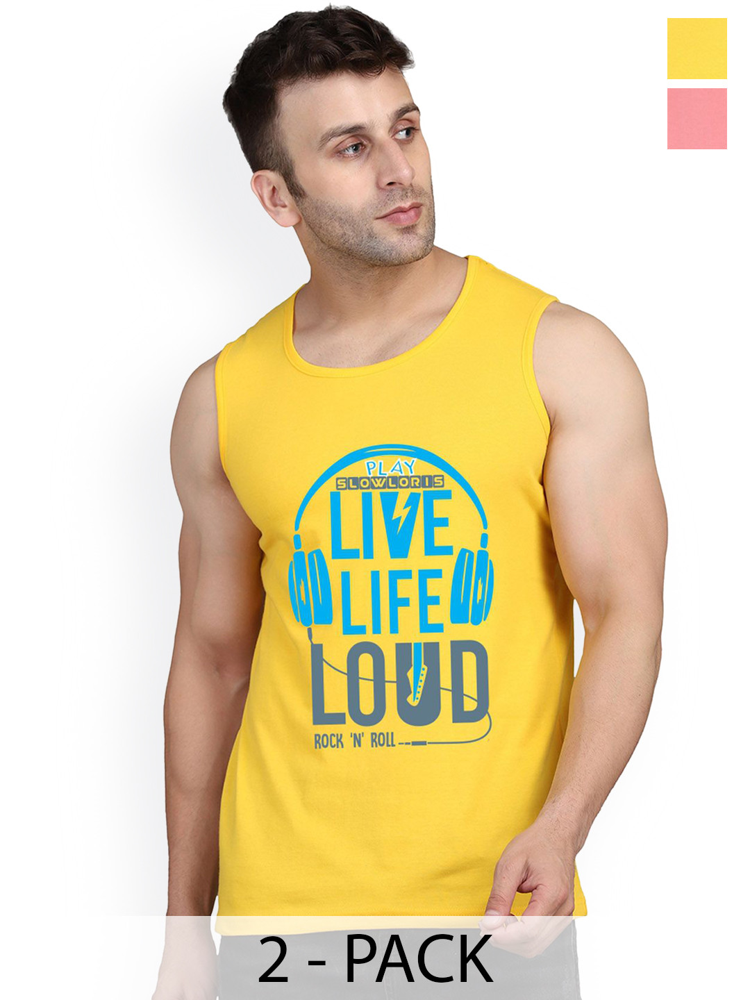 SLOWLORIS 2Pcs Sleeveless Innerwear Gym Vests SL26 COMBO (LOUD YELLOW) (CHS PEACH)