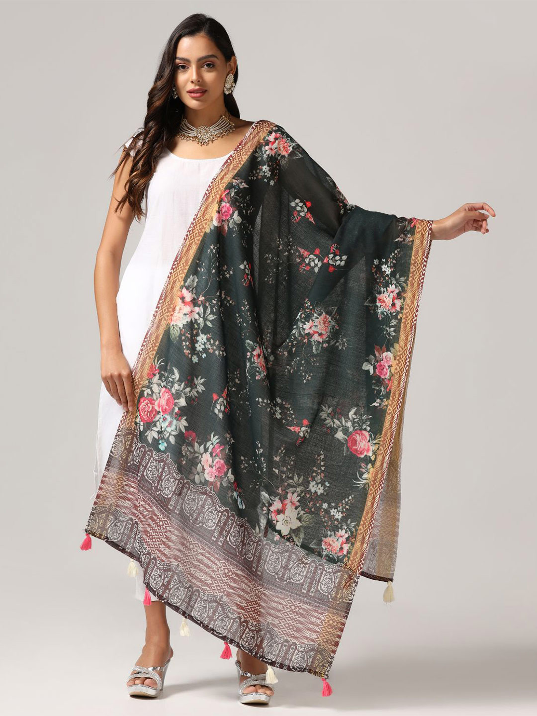 Kaizen TEXO FAB Floral Printed Linen Dupatta