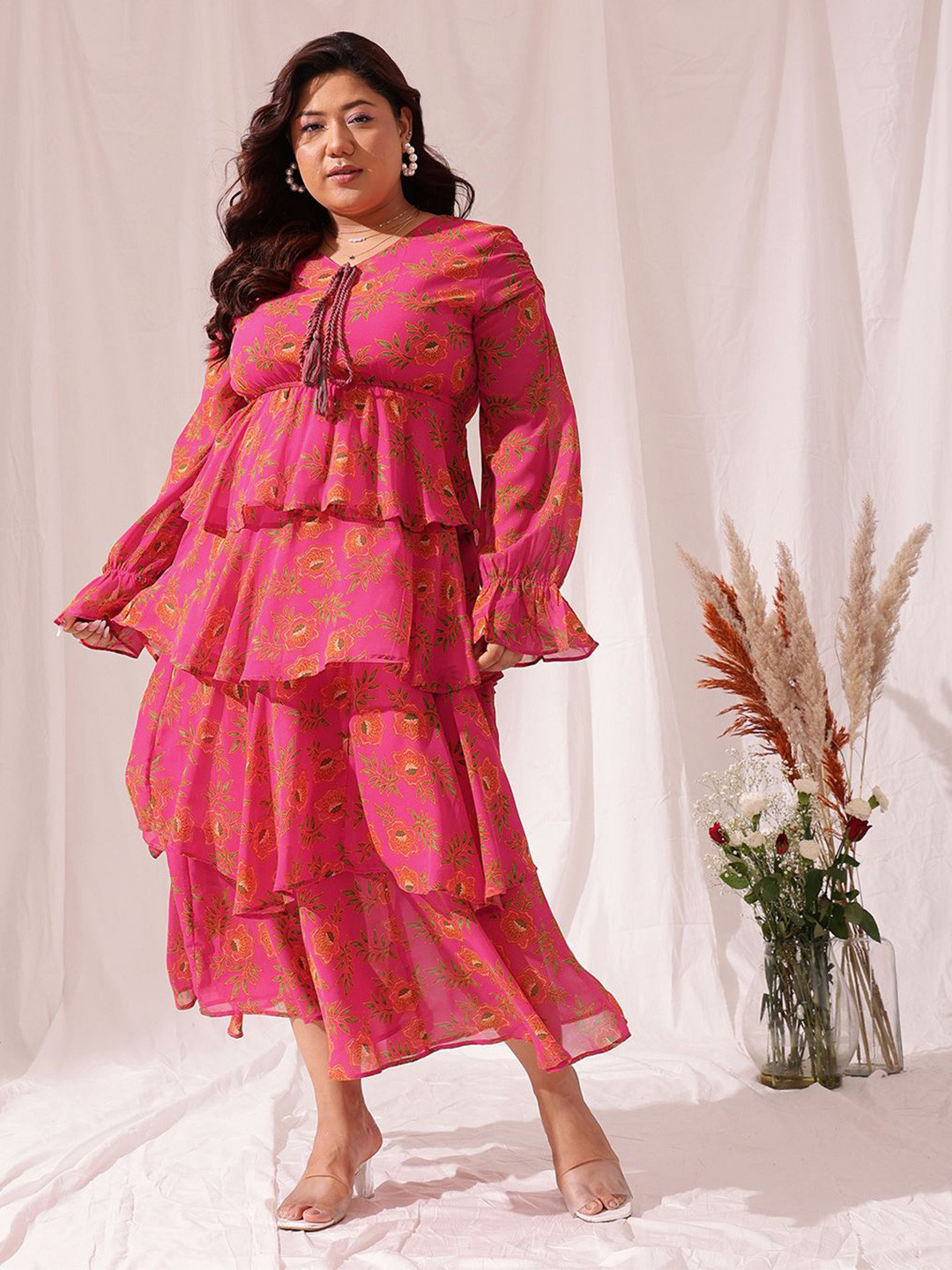 CURVY STREET Plus Size Floral Printed Chiffon Frill Maxi Dress
