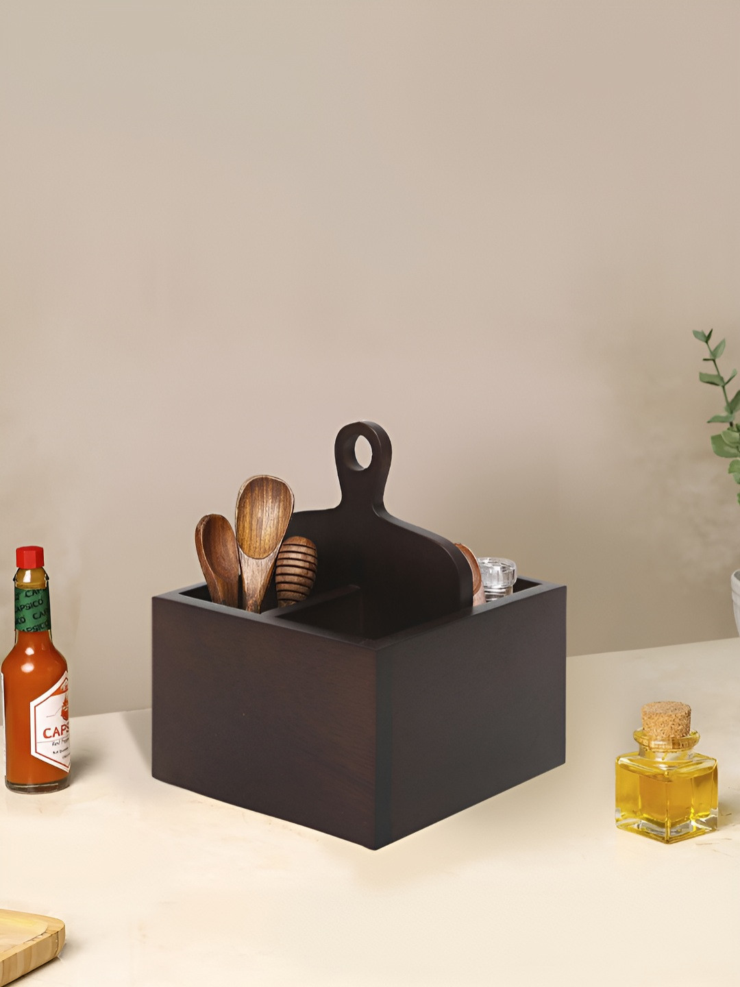 Metalsmith Brown Wooden Square Shape Cutlery Holder