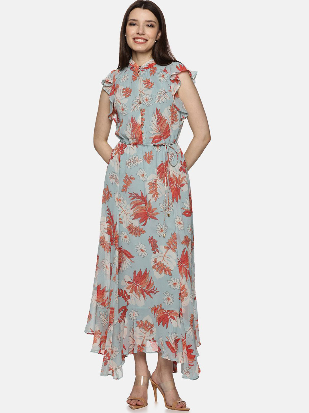 ISU Floral Printed Flutter Sleeve Chiffon Maxi Dress